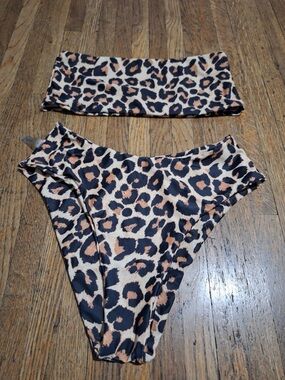 Divided Leopard Print Bandeau Bikini Set - Black & Tan
